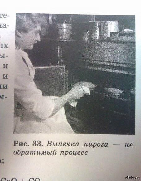 Женщина выпекает пирог в духовке, а подпись на странице гласит: «Выпечка пирога — необратимый процесс».