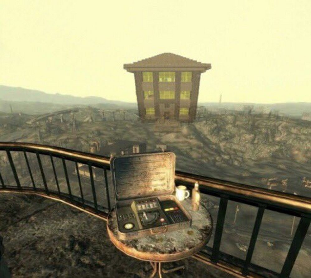 Балкон с чемоданчиком Fallout 3 Балкон с чемоданчиком и вид на разрушенный город в игре Fallout 3
