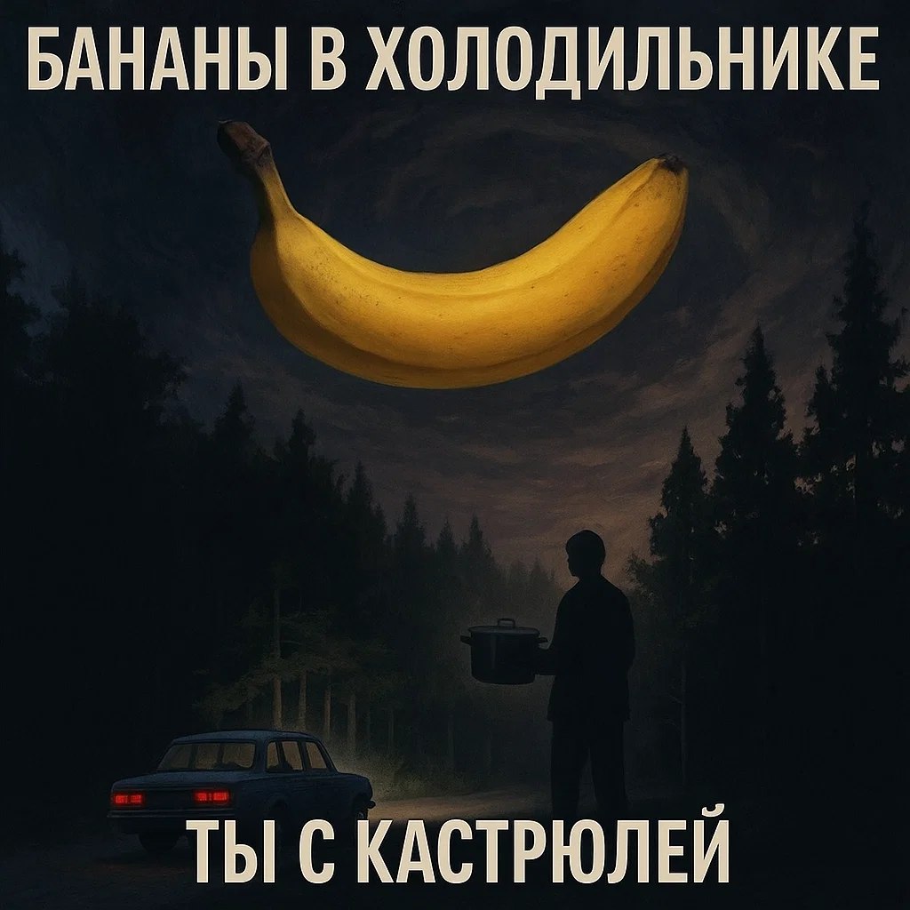 Бананы в холодильнике, ты с кастрюлей Человек с кастрюлей смотрит на огромный банан в небе, а машина стоит сзади