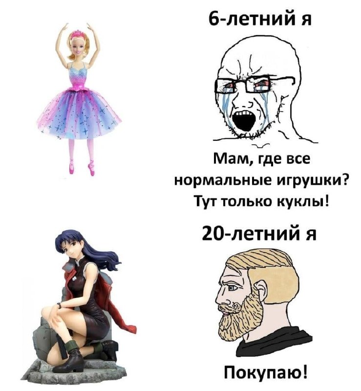 Барби против аниме-фигурки Мем, сравнивающий отношение к игрушкам в 6 и 20 лет, где 6-летний я хочет нормальные игрушки, а 20-летний я покупает фигурки аниме-персонажей.