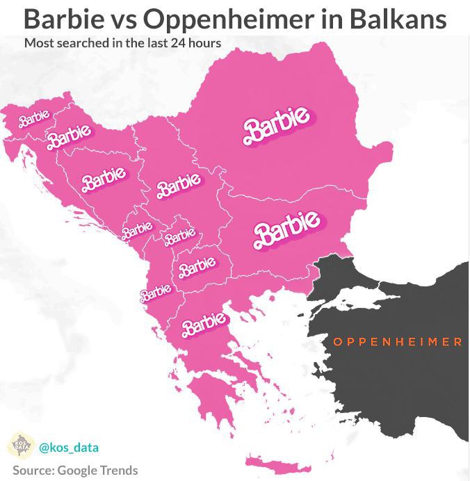 Барби против Оппенгеймера на Балканах Мем карта самых популярных фильмов «Барби» против «Оппенгеймер» на Балканах