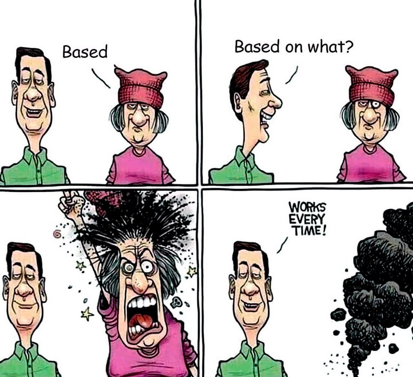 Комикс "Based on what?" и реакция на него, мем "Works every time!"