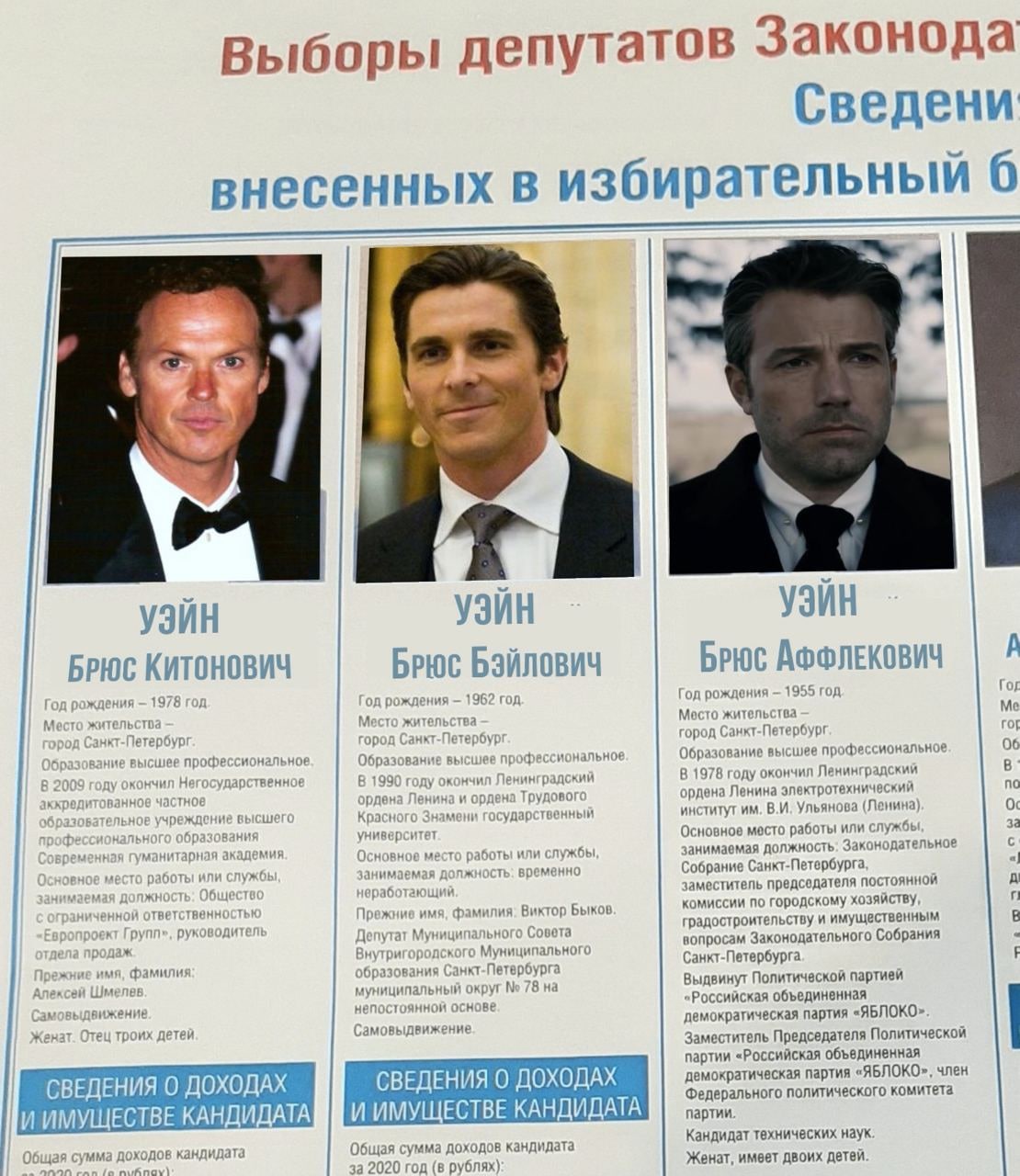 Бэтмены на выборах Майкл Китон, Кристиан Бэйл и Бен Аффлек, известные по роли Бэтмена, представлены как кандидаты на выборах депутатов, с фамилиями, образованными от их собственных, и отчеством «Уэйн»