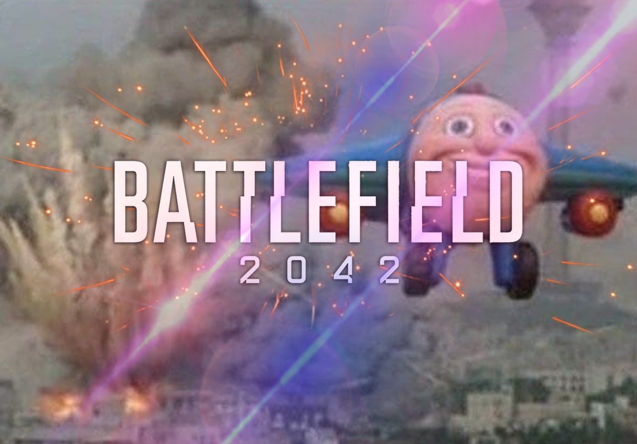 BATTLEFIELD 2042 с Чаком-самолетиком Мем с самолетом с лицом Чака и надписью «BATTLEFIELD 2042» на фоне взрывов и разрушений