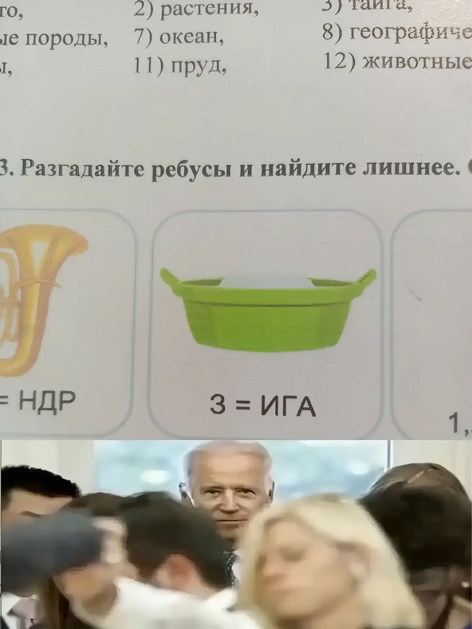 Байден смотрит на ребус З = ИГА Мем, где Джо Байден смотрит на ребус, где изображен тазик и рядом подпись "3 = ИГА".