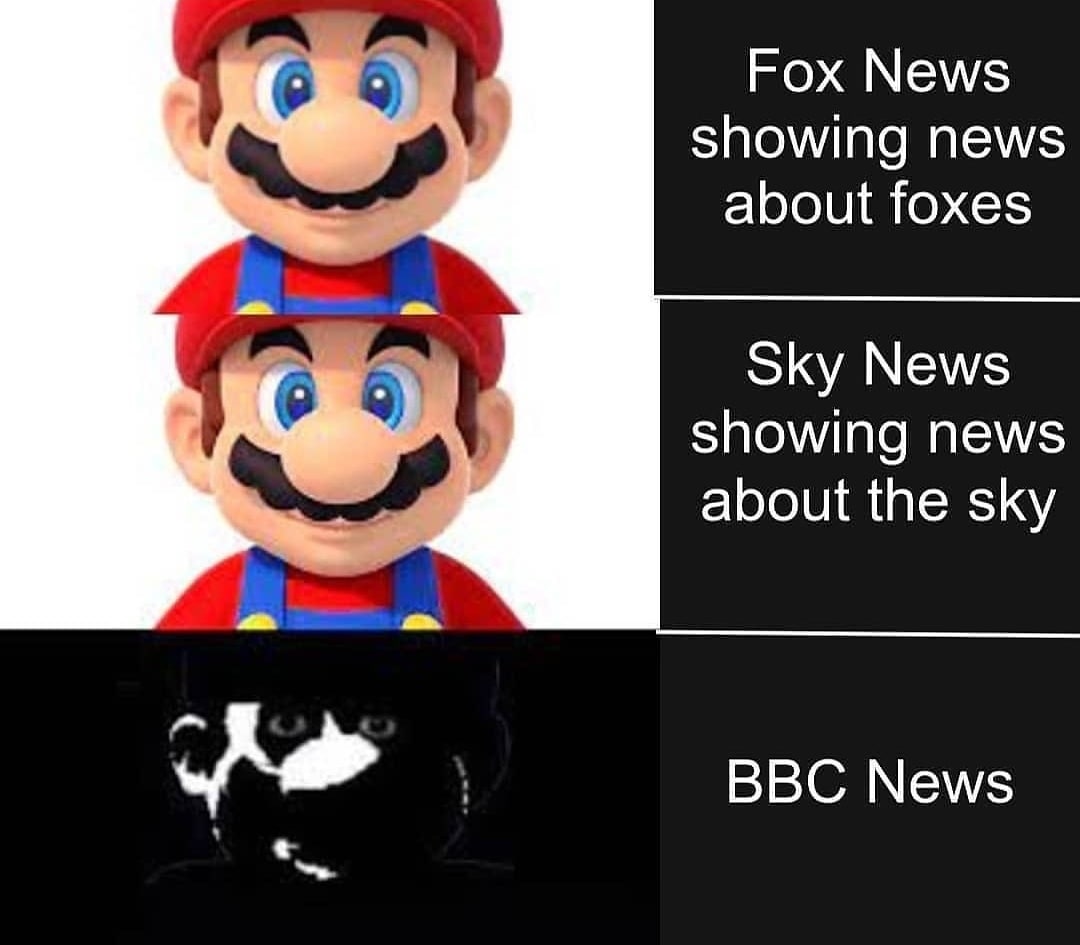 Мем про BBC News с Марио Мем с двумя Марио, один из которых выглядит озадаченно, и подписью про новости BBC