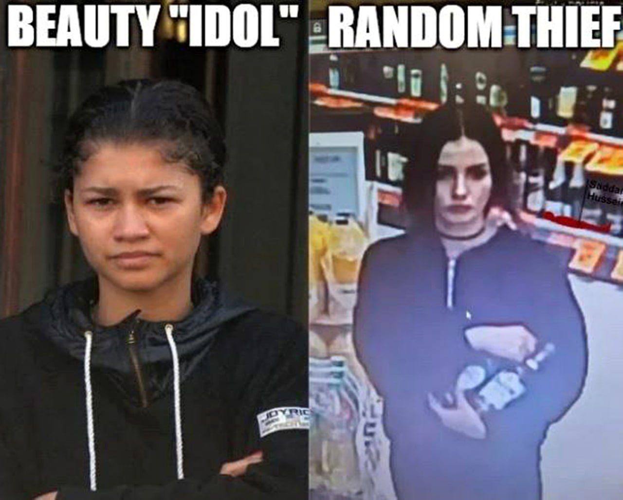 Beauty "idol" random thief Мем, сравнивающий «идеал красоты» без макияжа с «случайным вором» в магазине, пойманным на камеру.
