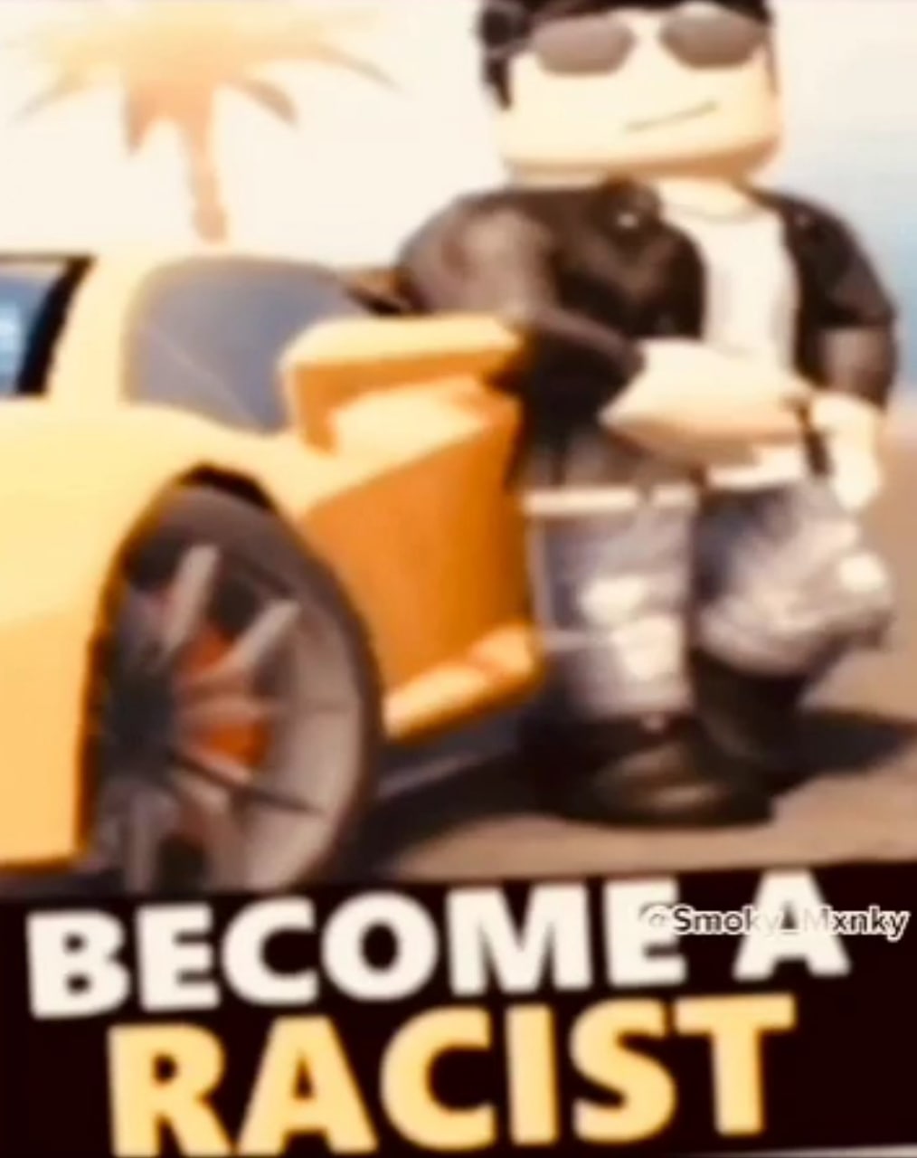 Аватар Роблокс become a racist Мем с аватаром Роблокс и надписью «Become a racist»