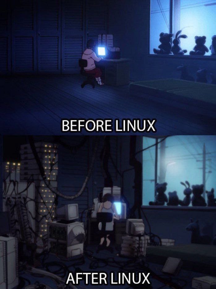 До и после Linux Девушка сидит за компьютером, а ее комната преображается до и после установки Linux.