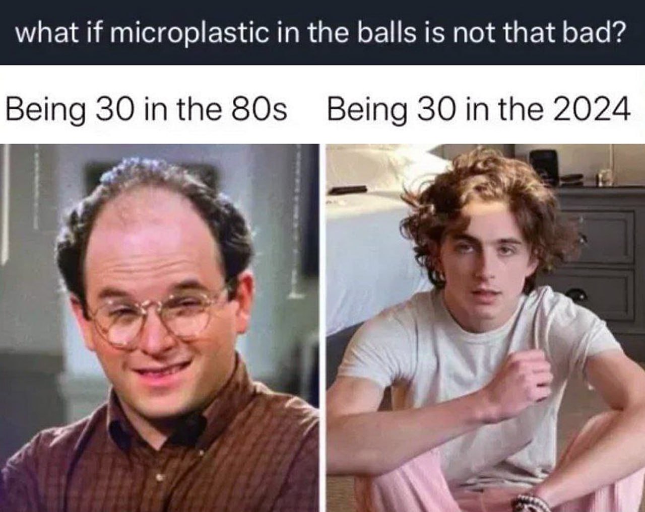 Being 30 in the 80s vs 2024 Сравнение 30-летних мужчин в 80-х годах и в 2024 году, с вопросом о микропластике