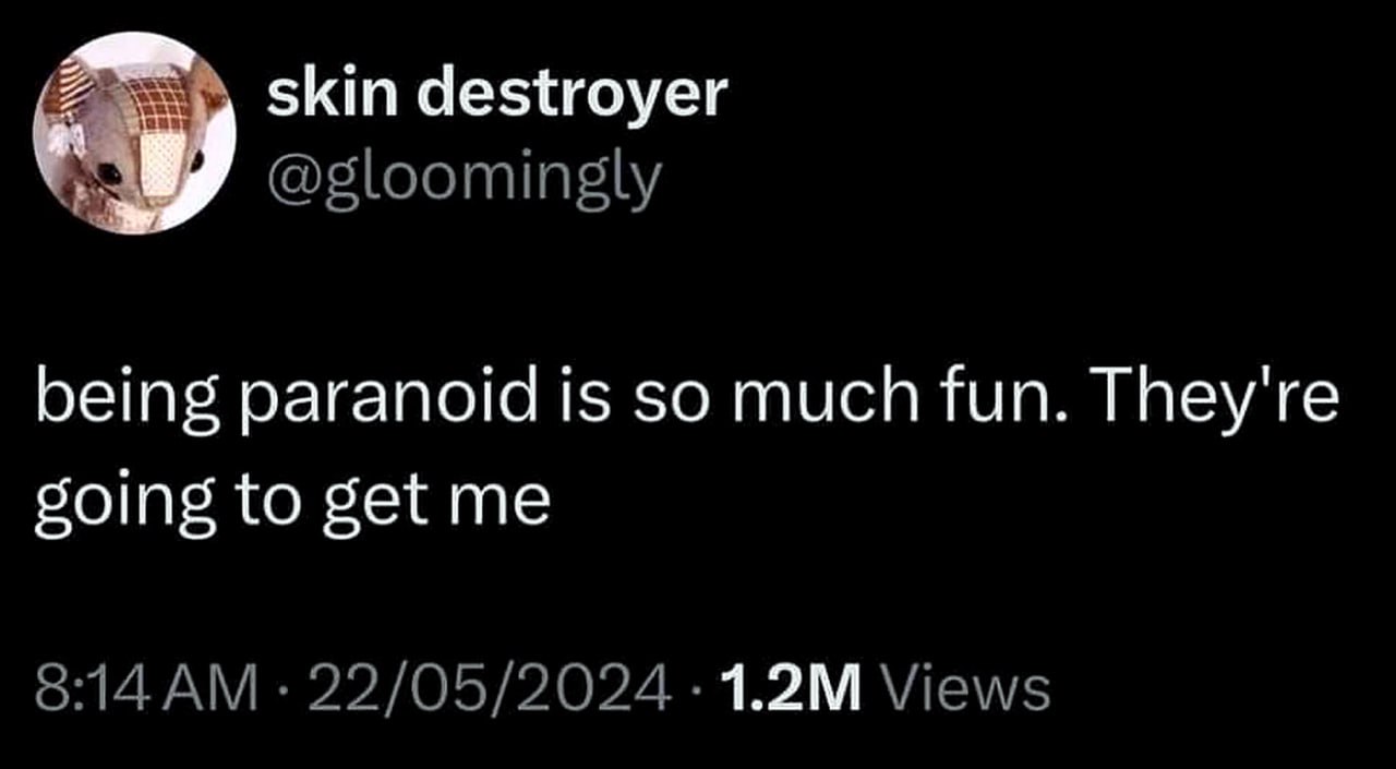 Быть параноиком очень весело Твит от Skin destroyer: быть параноиком очень весело. Они меня достанут