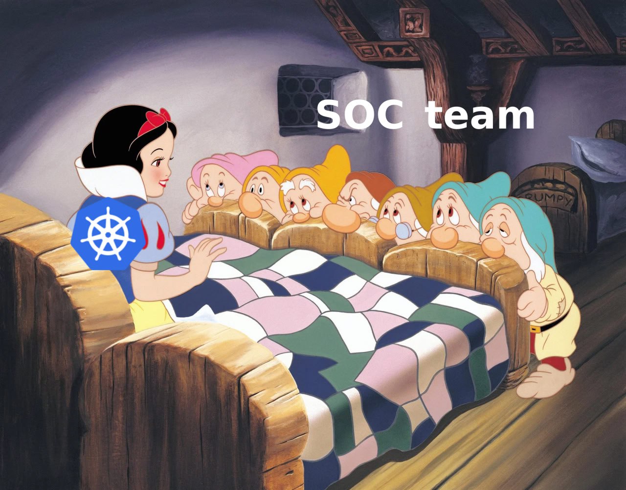Белоснежка и команда SOC Белоснежка с логотипом Kubernetes и команда SOC, представленная семью гномами.