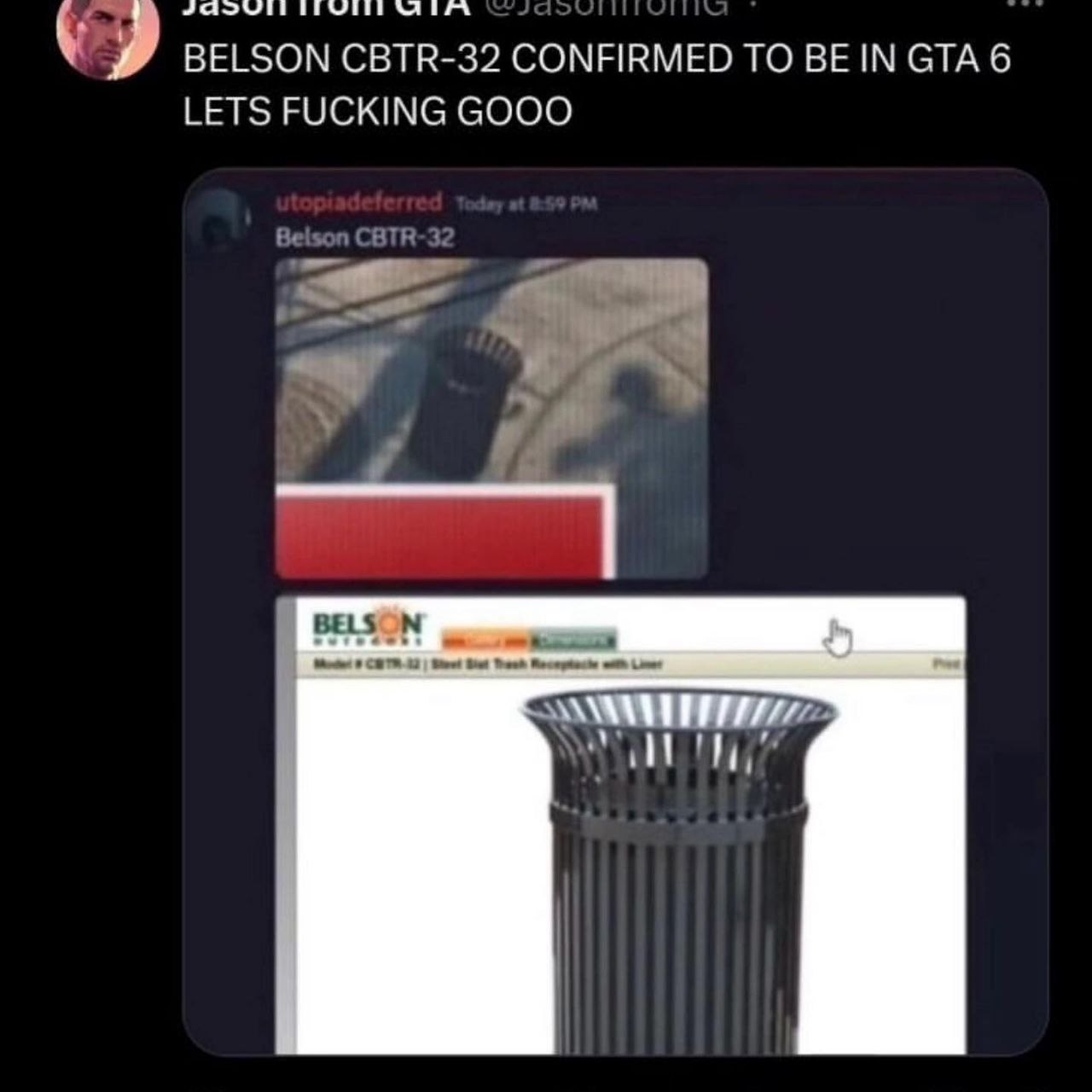 Belson CBTR-32 подтверждена в GTA 6 Мем про подтверждение наличия мусорной урны Belson CBTR-32 в GTA 6, вызывающее сильный восторг фанатов.