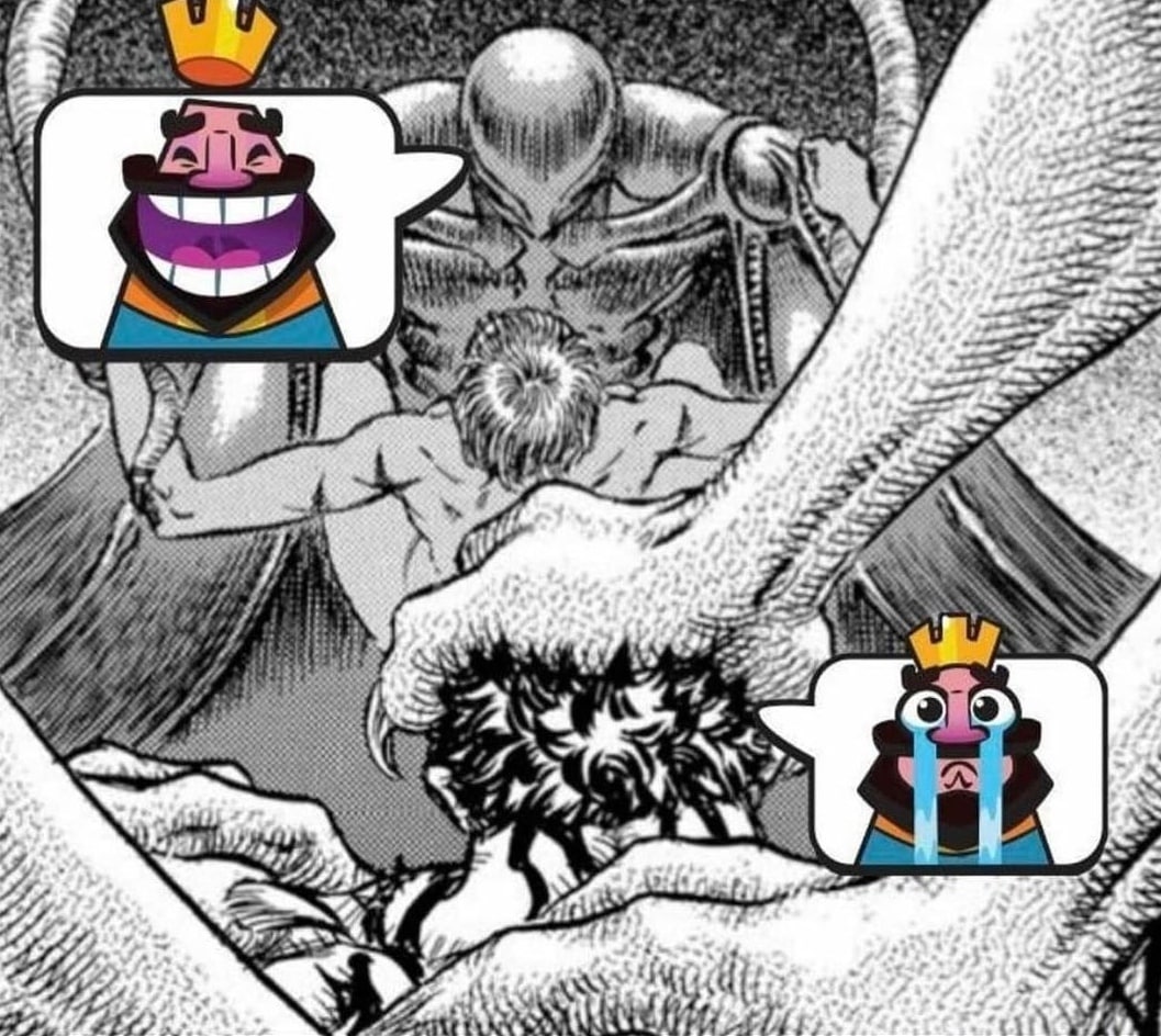 Берсерк и король Clash Royale Кроссовер манги «Берсерк» и игры «Clash Royale» с радостным и плачущим королём.