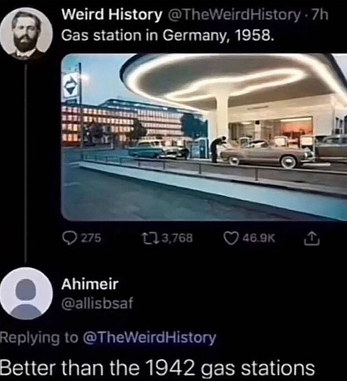Better than the 1942 gas stations Фотография заправочной станции в Германии 1958 года с комментарием "Лучше, чем заправки 1942 года"