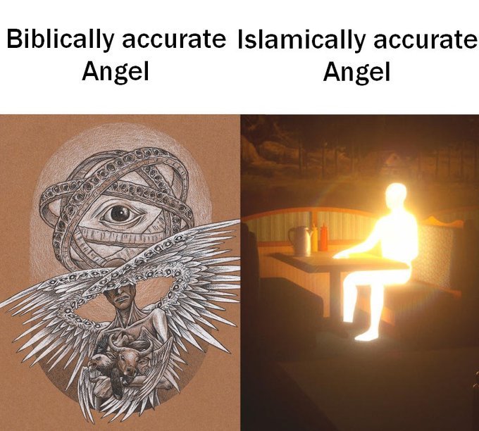 Biblically accurate Islamically accurate Angel Мем, сравнивающий библейски и исламски точных ангелов