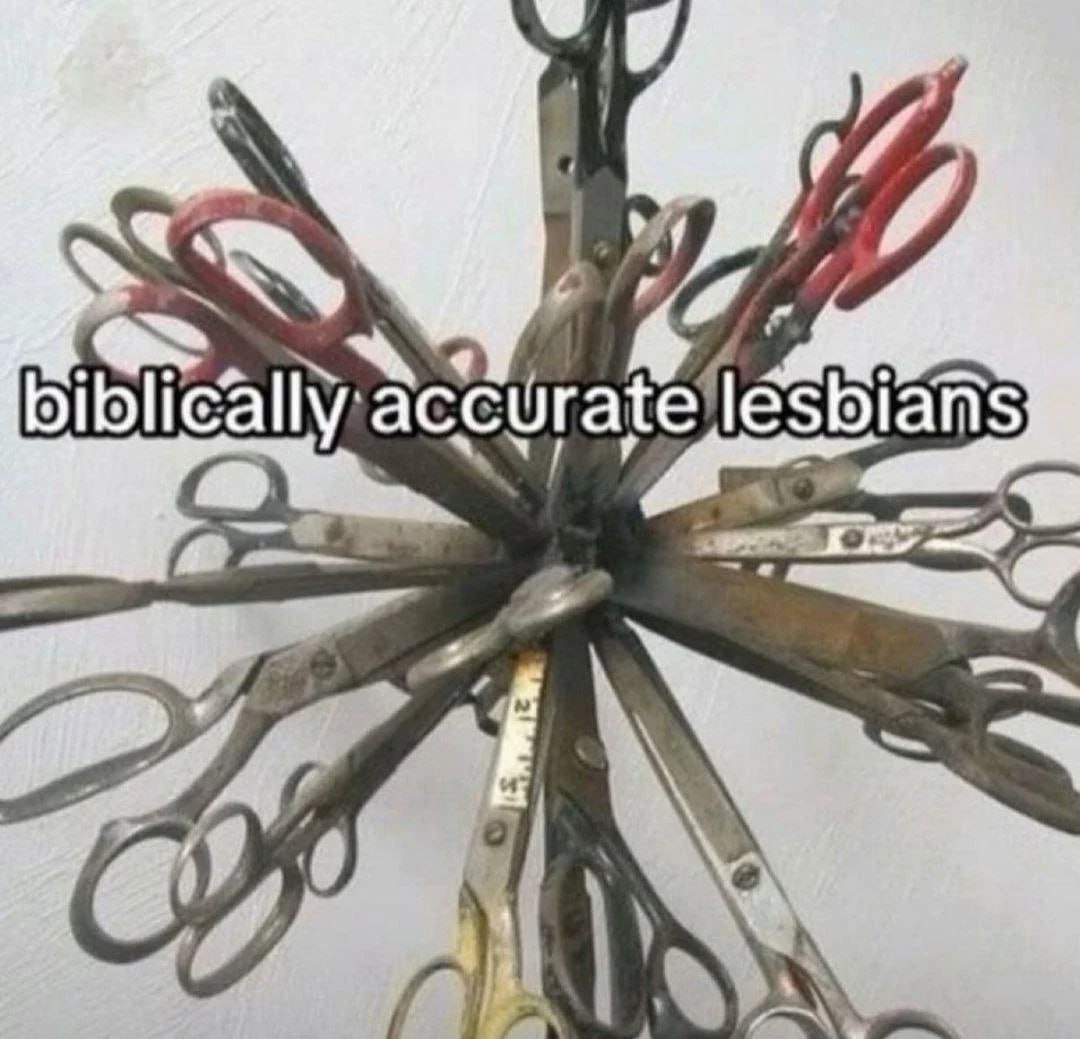 Куча ножниц с надписью «biblically accurate lesbians» — «библейски точные лесбиянки».
