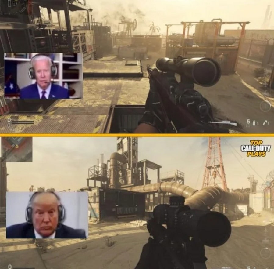 Байден и Трамп в Call of Duty Мем с Байденом и Трампом, играющими в Call of Duty и общающимися в видеочате.