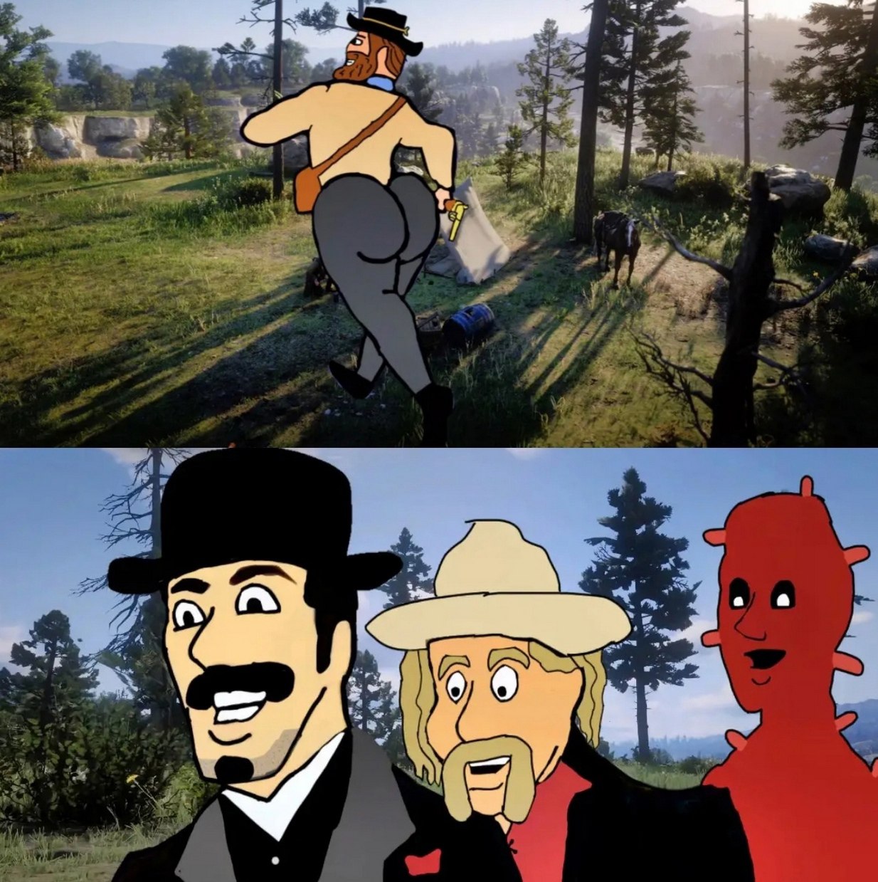 Большой мужчина бежит в стиле RDR2 Мужчина с большими ягодицами бежит с пистолетом на фоне RDR2, за ним наблюдают три персонажа в стиле MS Paint.