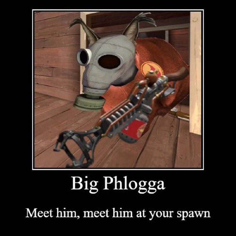 Big Phlogga Мем с Флоггистона Пиро из игры Team Fortress 2 с противогазом и рогами, который появляется на спавне