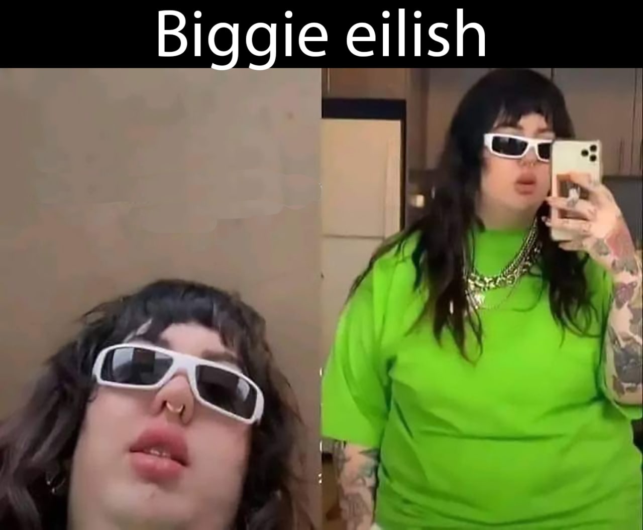 Biggie eilish Девушка в зеленых очках и яркой салатовой футболке, с цепями на шее, похожая на Билли Айлиш и Notorious B.I.G.