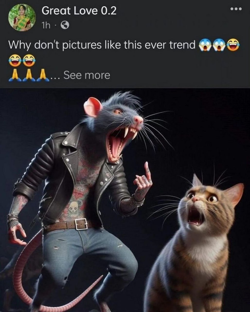 Why don't pictures like this ever trend Байкер-крыса кричит на испуганного кота, показывая средний палец