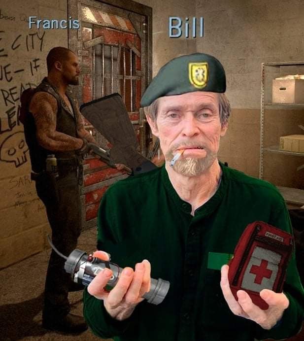 Уиллем Дефо в Left 4 Dead Мем с Уиллемом Дефо в образе Билла из Left 4 Dead, держащего трубку и аптечку, и Фрэнсисом на заднем плане.