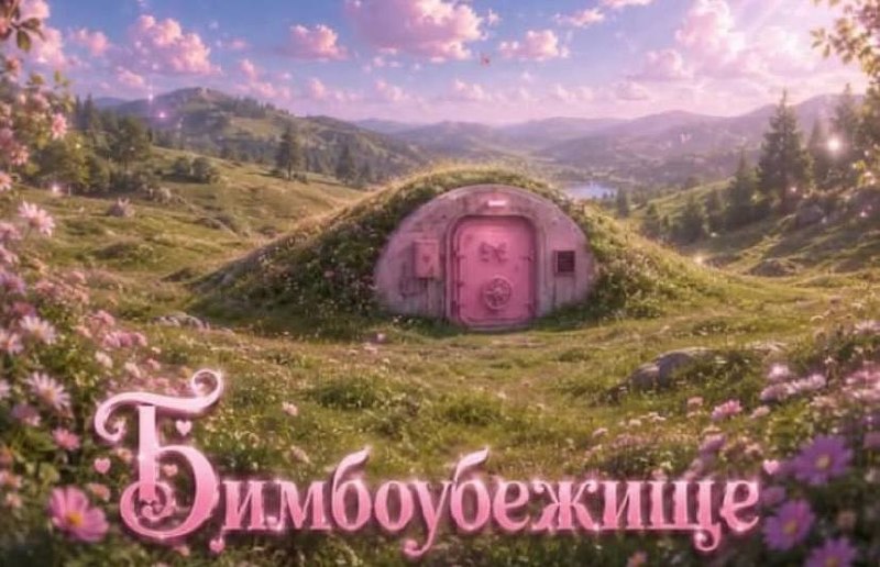 Сказочное розовое жилище хоббита с надписью «Бимбоубежище» на фоне цветущих холмов и гор.
