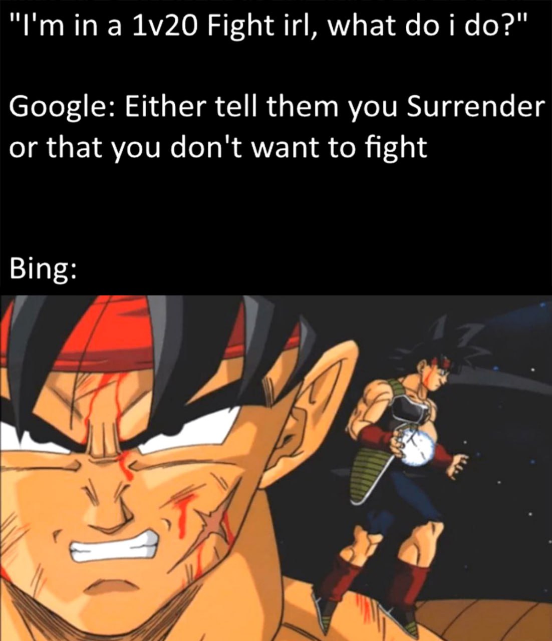 Бинг против Гугла с Бардоком Мем, сравнивающий ответы Google и Bing на вопрос о драке 1 против 20, с Бардоком из Dragon Ball.