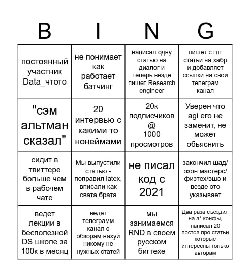 Бинго для специалистов по Data Science Шаблон для игры в Бинго с утверждениями о специалистах в области Data Science.