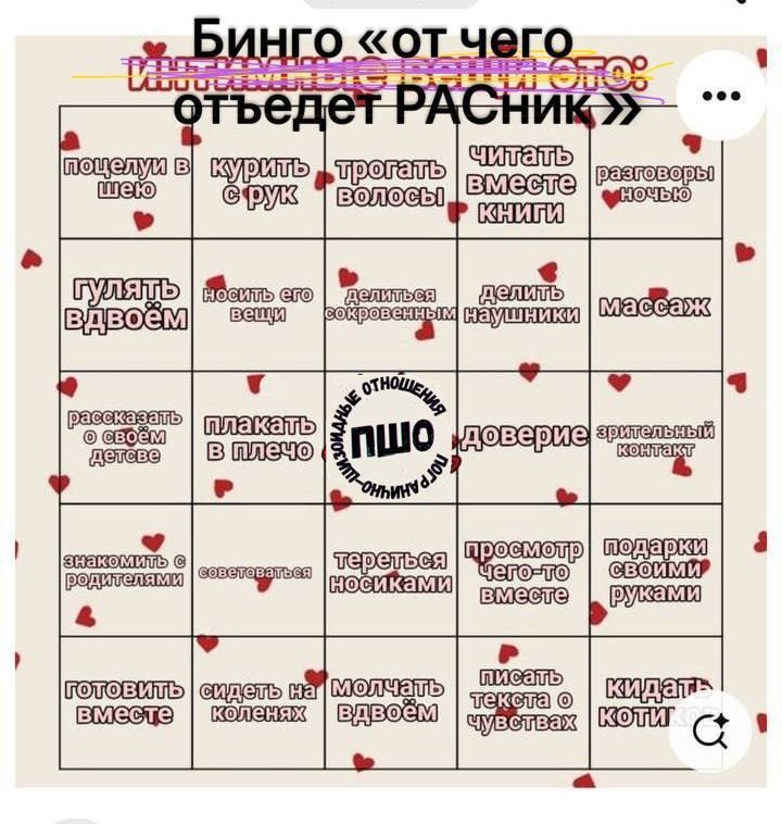 Романтическое бинго «от чего отъедет РАСНИК» с милыми проявлениями любви и близости в отношениях