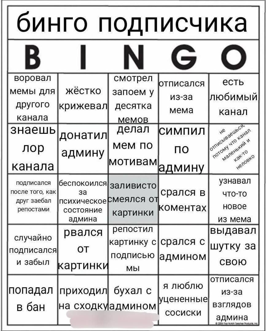 Бинго подписчика Мем с карточкой бинго, где каждый пункт описывает действия или черты, характерные для подписчиков интернет-каналов.