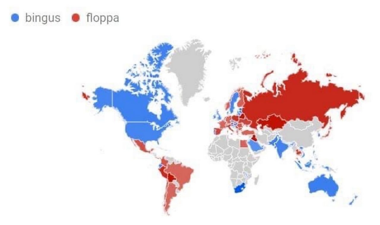 Бингус против Флоппы на карте мира Карта мира, показывающая популярность запросов «Бингус» (синий) и «Флоппа» (красный) по странам на основе Google Trends. США, Канада и Австралия преимущественно синие, в то время как Россия и большая часть Европы красные, а страны Южной Америки разделены. Некоторые страны окрашены в серый цвет, что означает отсутствие данных.