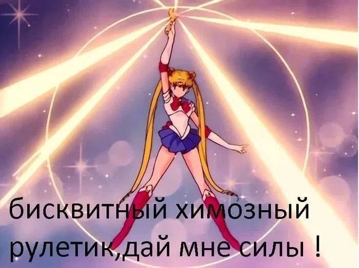 Сейлор Мун с поднятой рукой и шутливой надписью «бисквитный химозный рулетик, дай мне силы!»