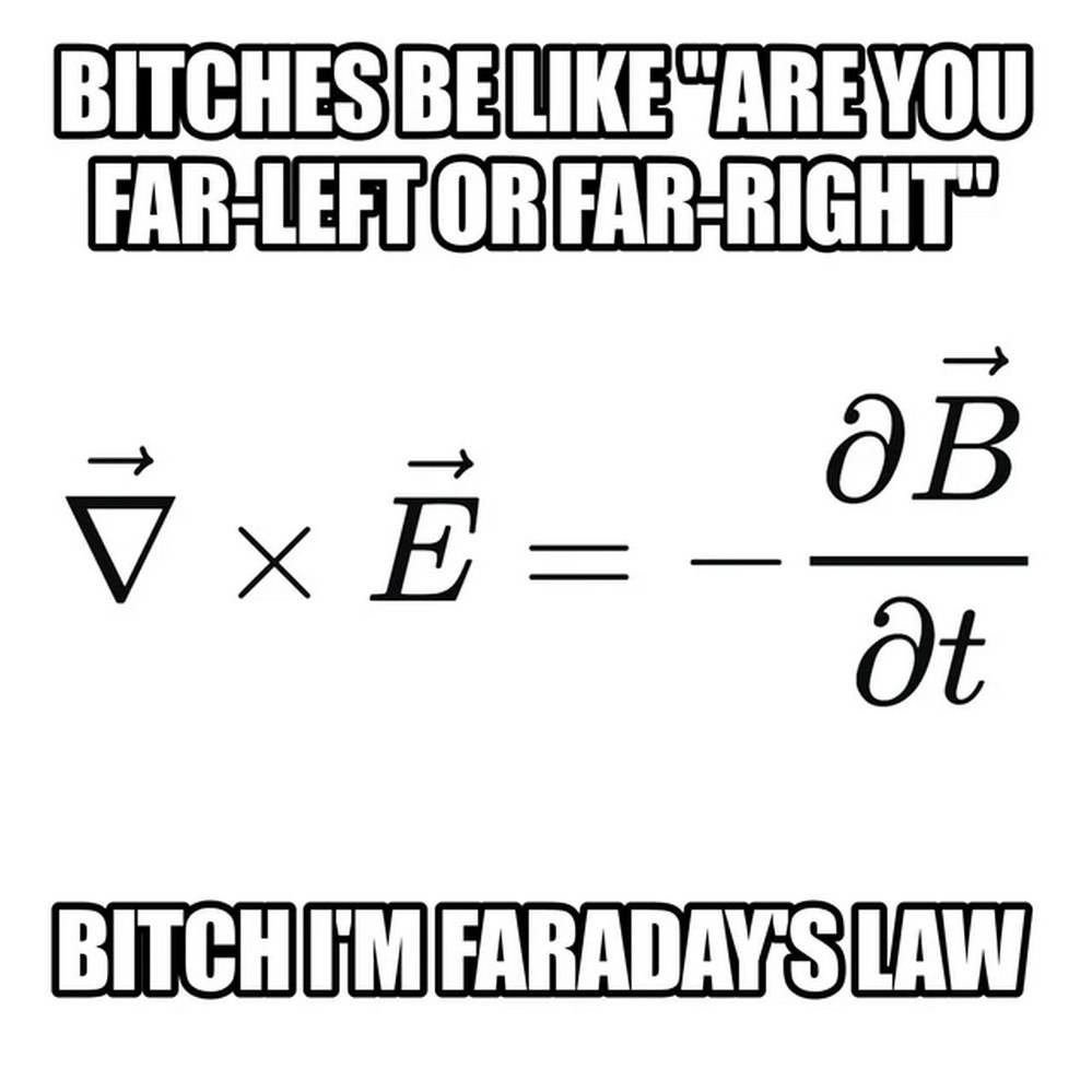 Bitches be like "Are you far-left or far-right" Bitch I'm Faraday's law Мем с формулой закона Фарадея и текстом "Bitches be like "Are you far-left or far-right" Bitch I'm Faraday's law"