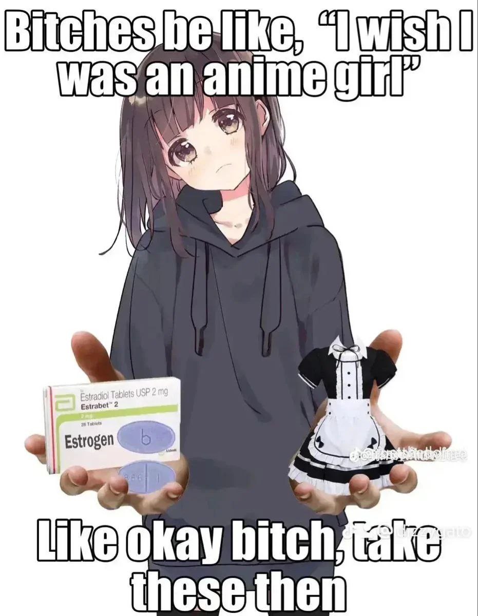 Грустная аниме-девушка в худи и подпись про желание быть anime girl с ответом про эстроген и платье служанки