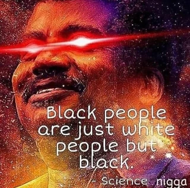 Black people are just white people but black Нил Деграсс Тайсон с лазерами из глаз на фоне космоса и подписью: «Black people are just white people but black. Science nigga».