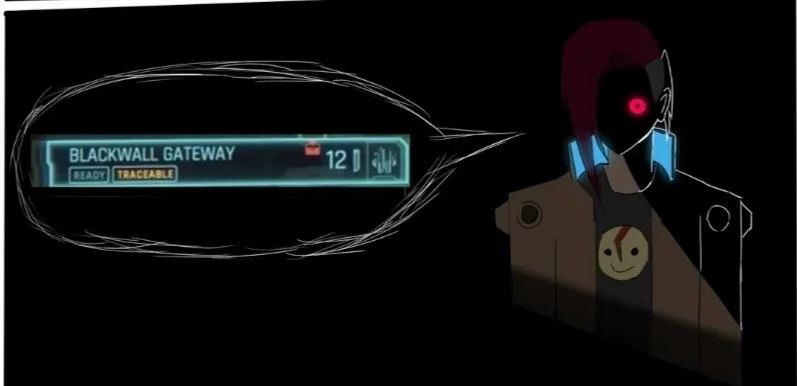 Blackwall gateway ready traceable Персонаж из Cyberpunk 2077 смотрит на окно интерфейса с надписью «Blackwall gateway ready traceable»
