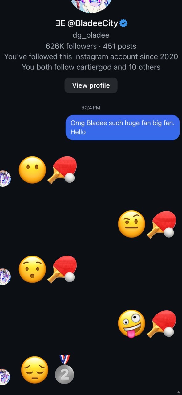 Переписка в директ Bladee Скриншот переписки в директ инстаграма Bladee с использованием эмодзи.