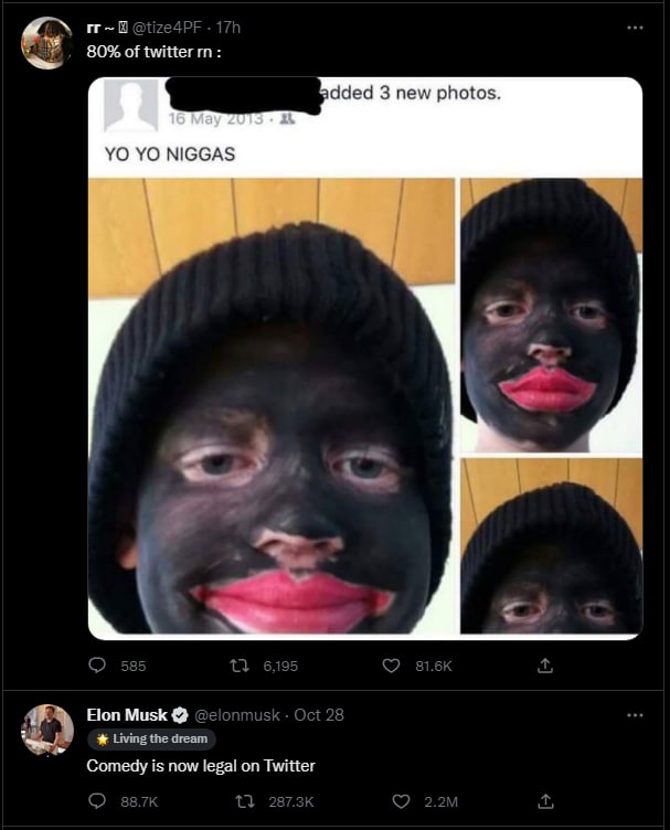 Блэкфейс с розовыми губами и Yo Yo Niggas Мем, где человек в блэкфейсе с розовыми губами и надписью «YO YO NIGGAS» используется для иллюстрации утверждения Илона Маска о легализации комедии в Твиттере.