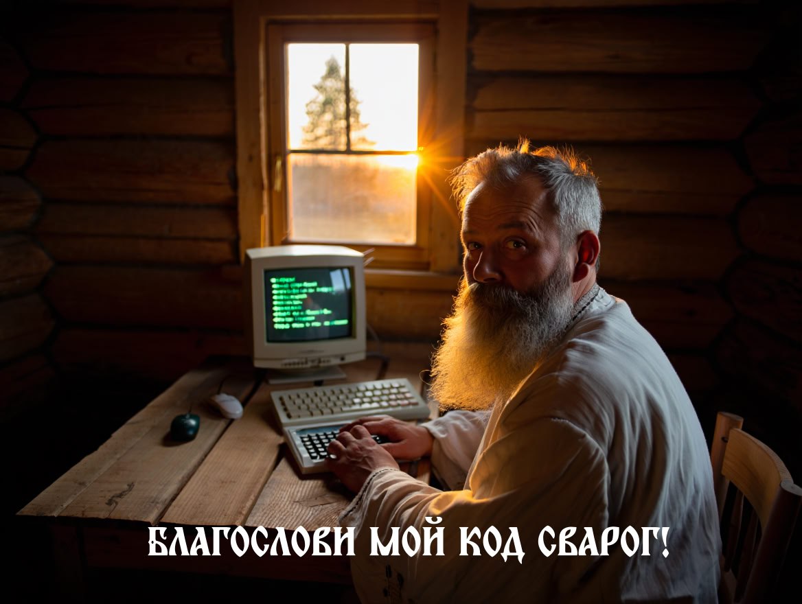 Благослови мой код Сварог! Мужчина в рубахе сидит за старым компьютером и просит Сварога благословить его код