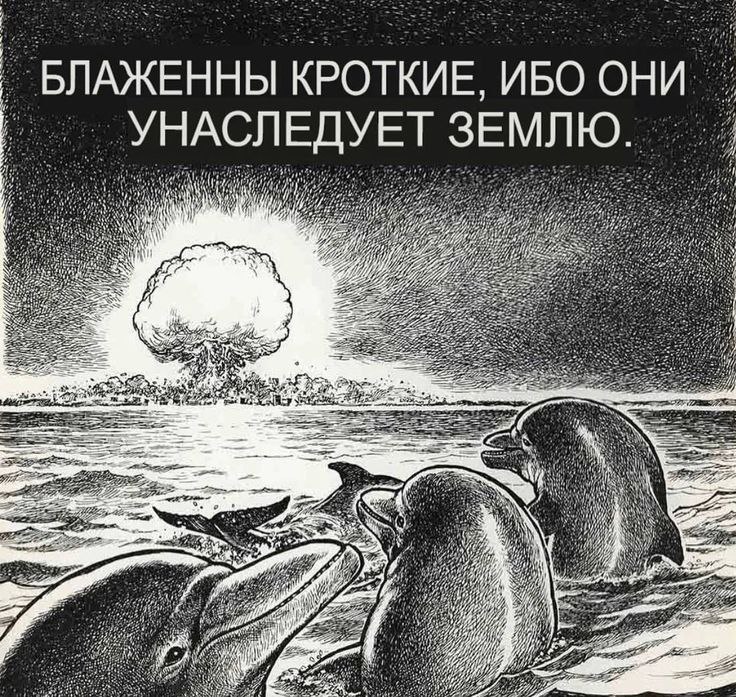Дельфины и ядерный гриб с надписью "Блаженны кроткие, ибо они унаследуют землю"