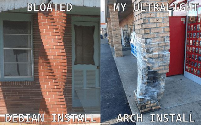Bloated Debian install vs My ultralight Arch install Мем про сравнение установки операционных систем Debian и Arch Linux, где Debian представлен как «раздутый» и неровный, а Arch как «ультралегкий», обмотанный пленкой.