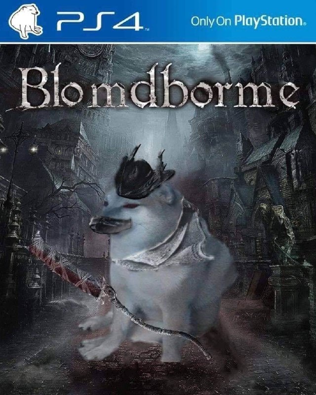 Blomdborne Чеемс Мем, стилизованный под обложку игры Bloodborne, где Чеемс изображен в виде охотника с оружием на фоне мрачного города.