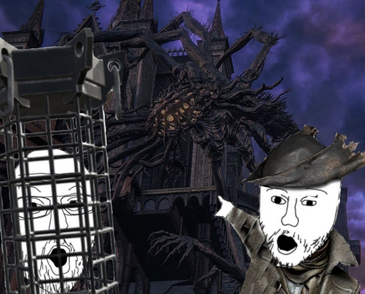Персонаж из Bloodborne указывает на клетку Мем с персонажем из Bloodborne, указывающим на клетку с другим персонажем на фоне монстра из игры