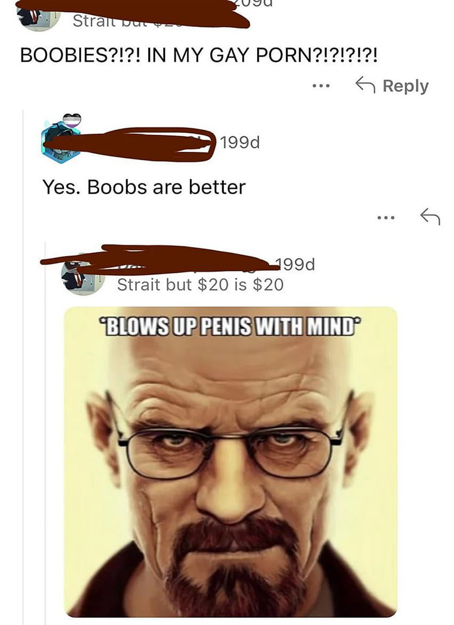 Blows up penis with mind Мем, где Уолтер Уайт из сериала «Во все тяжкие» изображен с надписью «Blows up penis with mind» на жёлтом фоне, демонстрируя решительный взгляд.