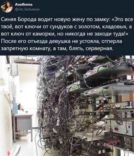 Синяя Борода и серверная Мем про Синюю Бороду, который показывает, что оказалось за дверью "запретной комнаты" - огромное количество запутанных проводов и оборудования в серверной.