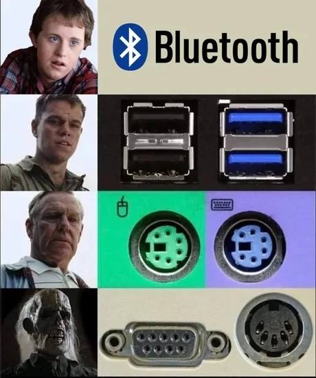 Bluetooth, USB, PS/2 и MIDI Мем с эволюцией компьютерных разъёмов и старением лиц.