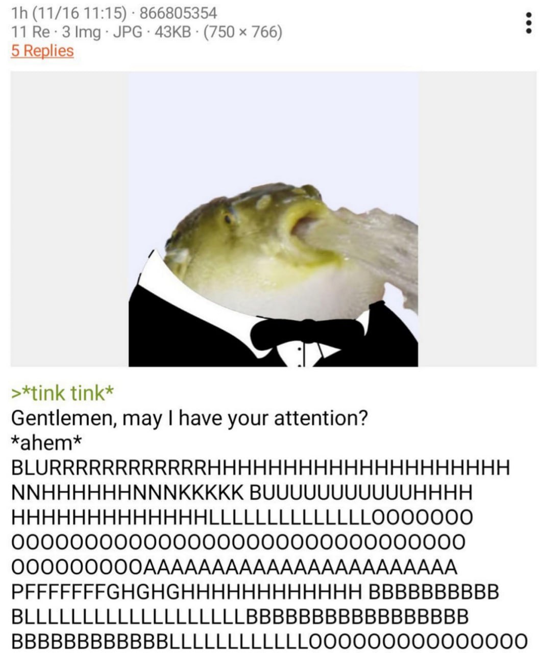 Blurrrrrrhhhhh Рыба фугу в смокинге пытается привлечь внимание звуками «Blurrrrrrhhhhh»