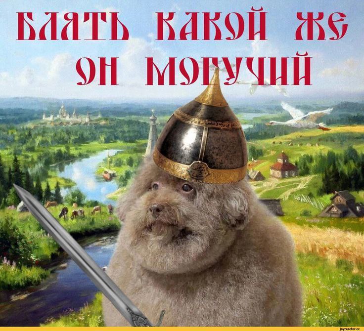 БЛЯТЬ КАКОЙ ЖЕ ОН МОГУЧИЙ Собака в шлеме с мечом на фоне древнерусского пейзажа и надписью «БЛЯТЬ КАКОЙ ЖЕ ОН МОГУЧИЙ»